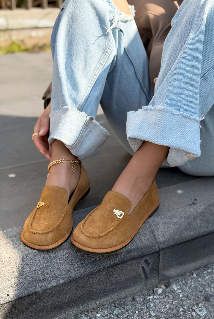 Rasen Hakiki Süet Kadın Loafer Taba - ILOVESHOES