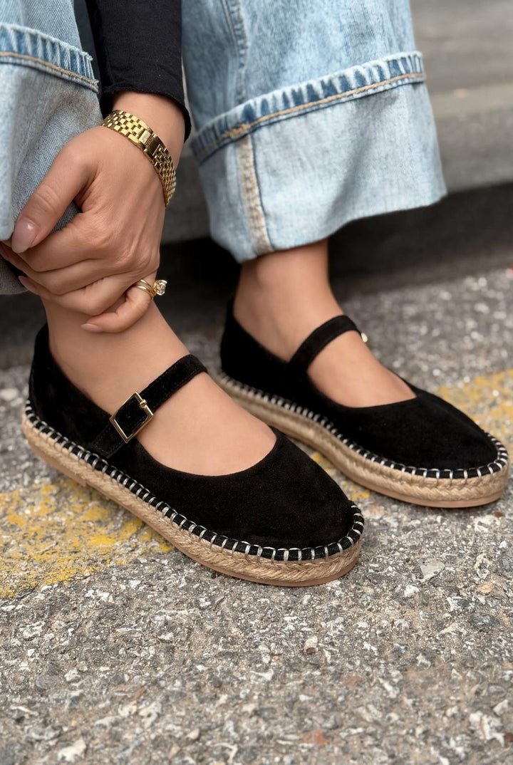 Marena Siyah Hakiki Süet Kadın Espadril - ILOVESHOES