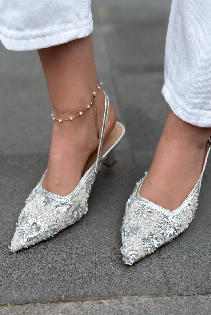 Serona Stiletto Gümüş Nakışlı - ILOVESHOES