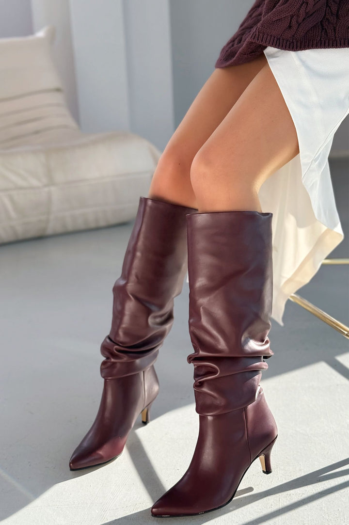 Sollet Bordo İnce Topuklu Günlük Kadın Çizme - ILOVESHOES