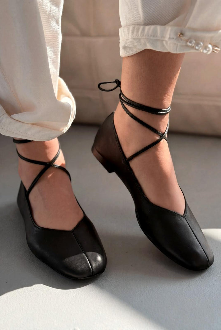Morven Hakiki Deri Siyah Kadın Babet - ILOVESHOES