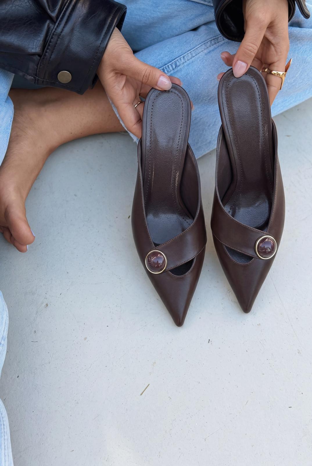 Delvor Topuklu Terlik Acıkahve Mat Deri - ILOVESHOES