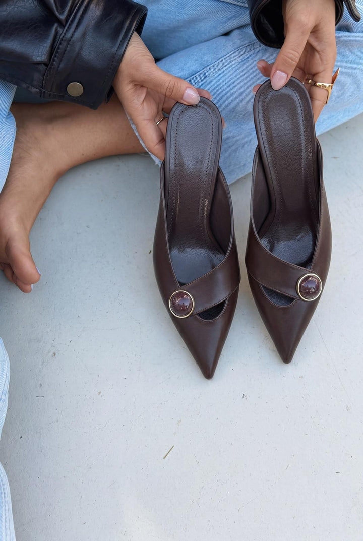 Delvor Topuklu Terlik Acıkahve Mat Deri - ILOVESHOES