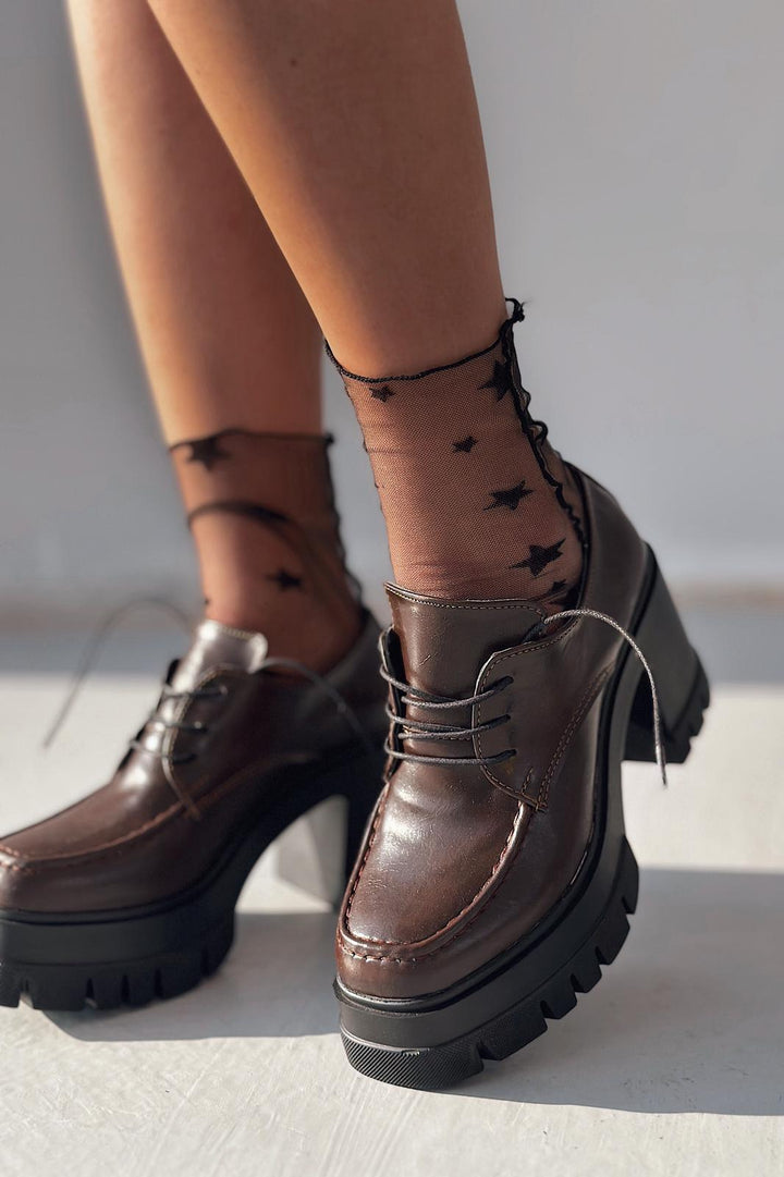 Sapetos Kalın Taban Topuklu Kadın Loafer Acı Kahve Mat Rugan - ILOVESHOES