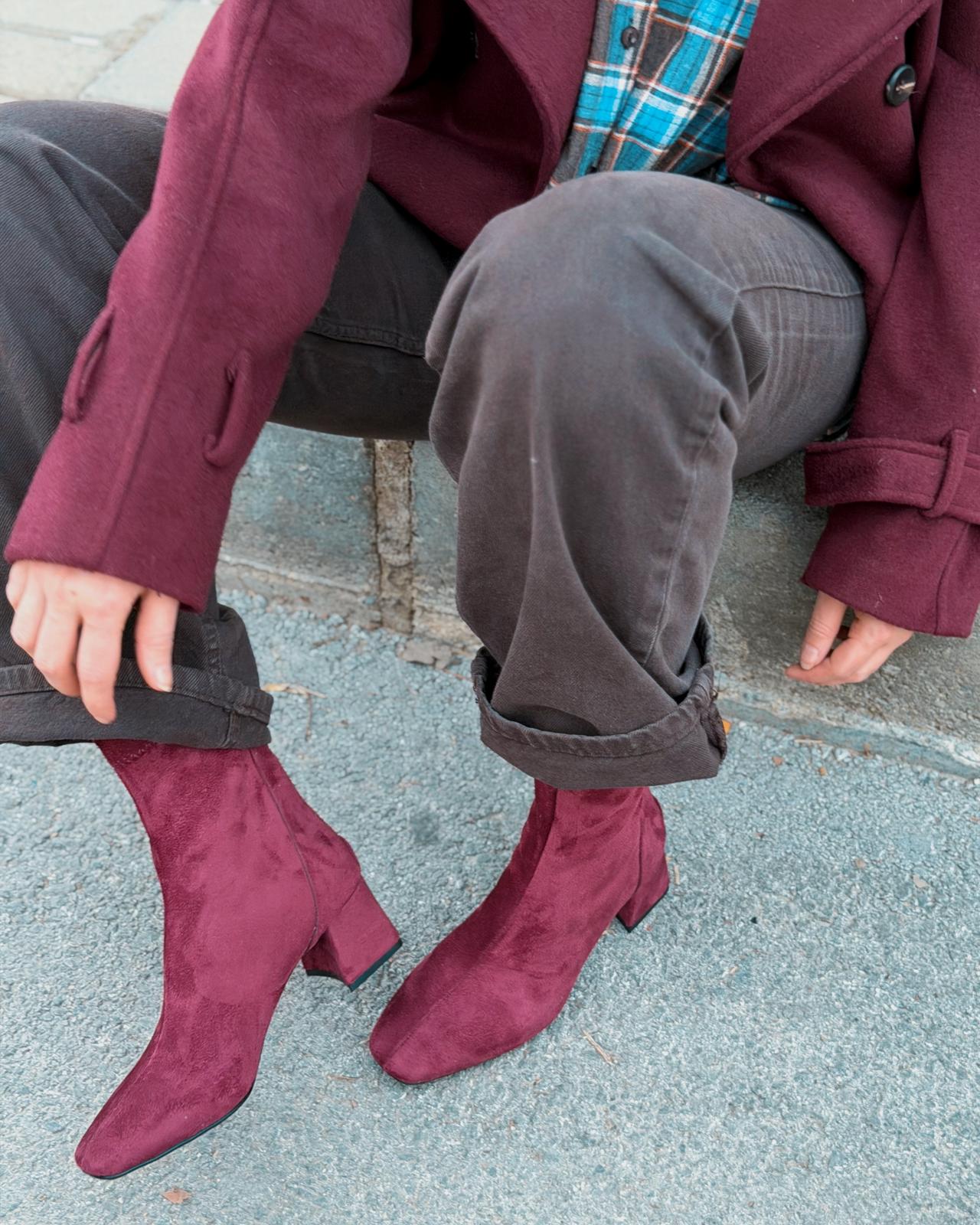 Jornel Kadın Topuklu Streç Bot Bordo Süet - ILOVESHOES