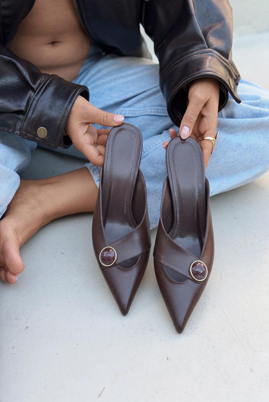 Delvor Topuklu Terlik Acıkahve Mat Deri - ILOVESHOES