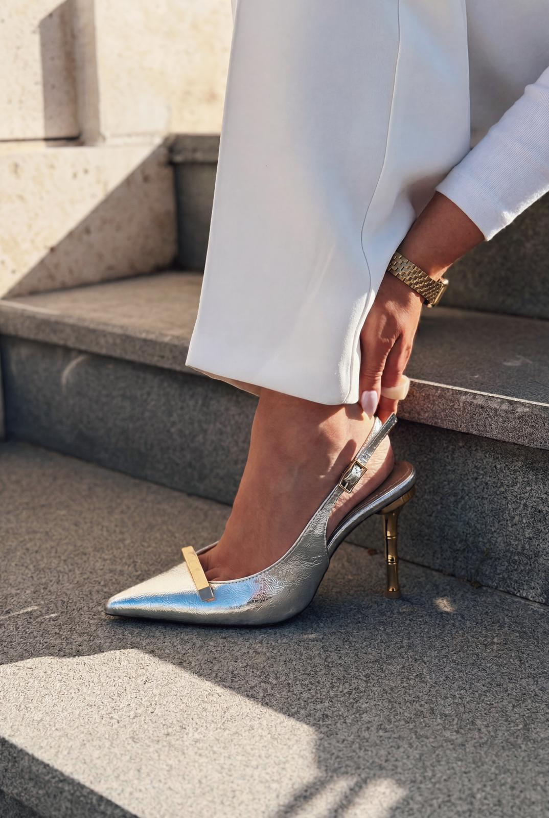 Norloven Gümüş Parlak Deri Kadın Stiletto - ILOVESHOES