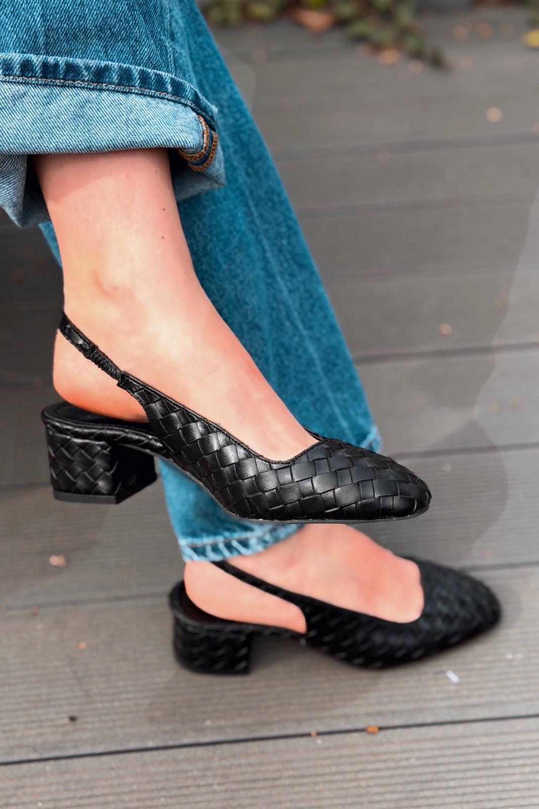 Solen Mary jane Topuklu Ayakkabı Siyah Mat Deri Örgü Detaylı - ILOVESHOES