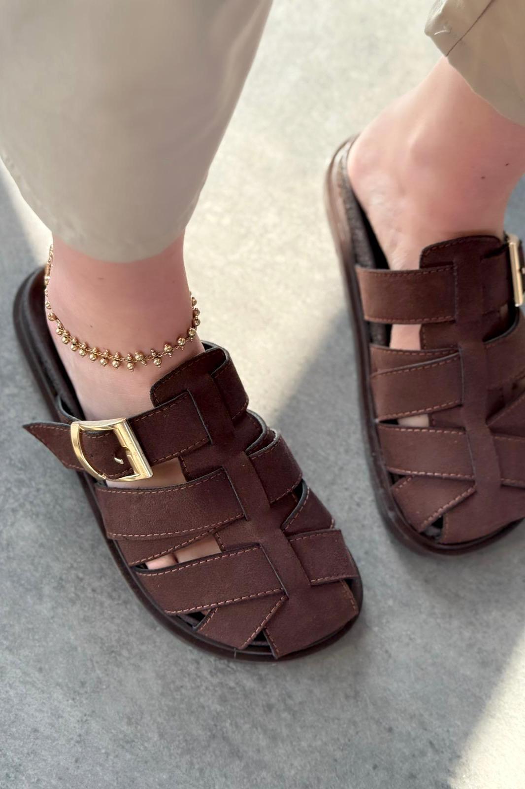 Polra Süet Acıkahve Düz Kadın Terlik - ILOVESHOES