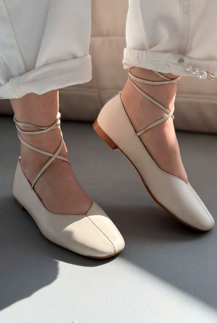 Morven Hakiki Deri Bej Kadın Babet - ILOVESHOES