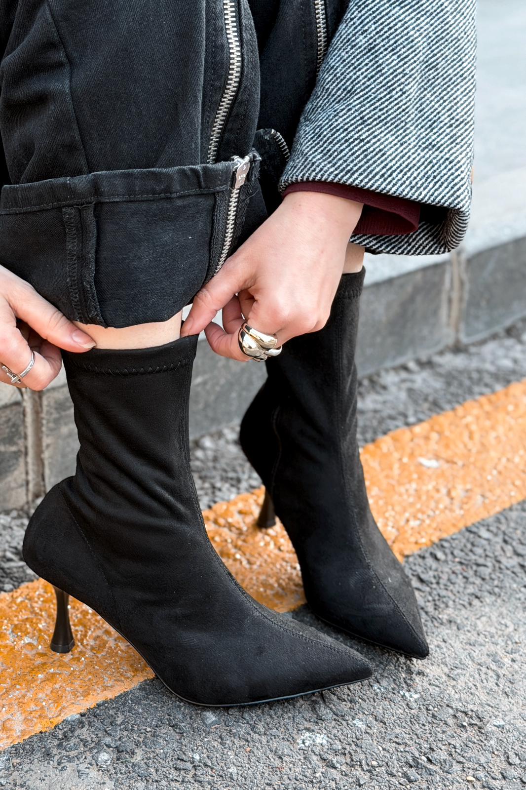 Osenia Kadın Topuklu Streç Bot Siyah Süet - ILOVESHOES