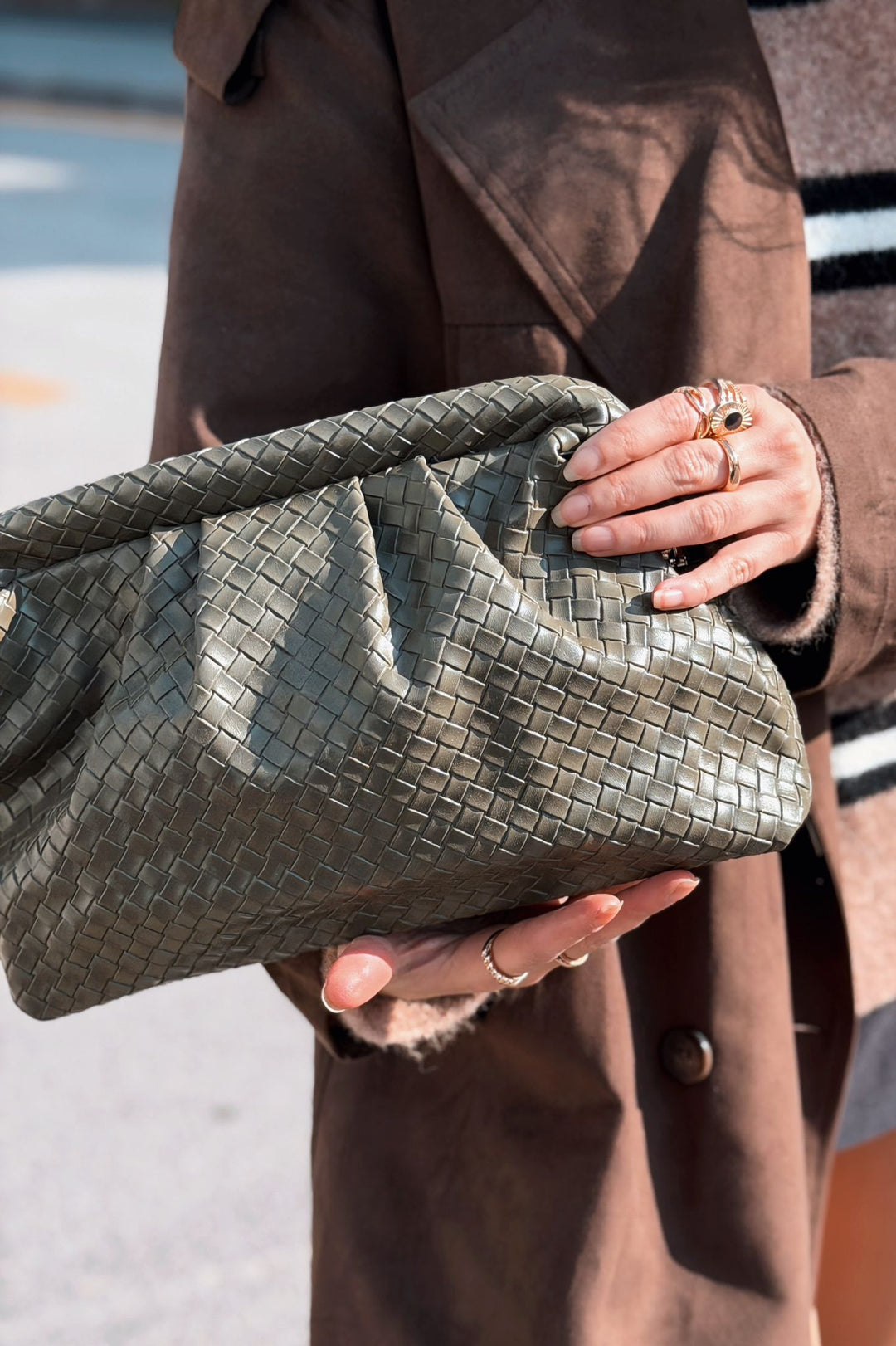 Lurine Kadın Clutch Çanta Haki Mat Deri - ILOVESHOES