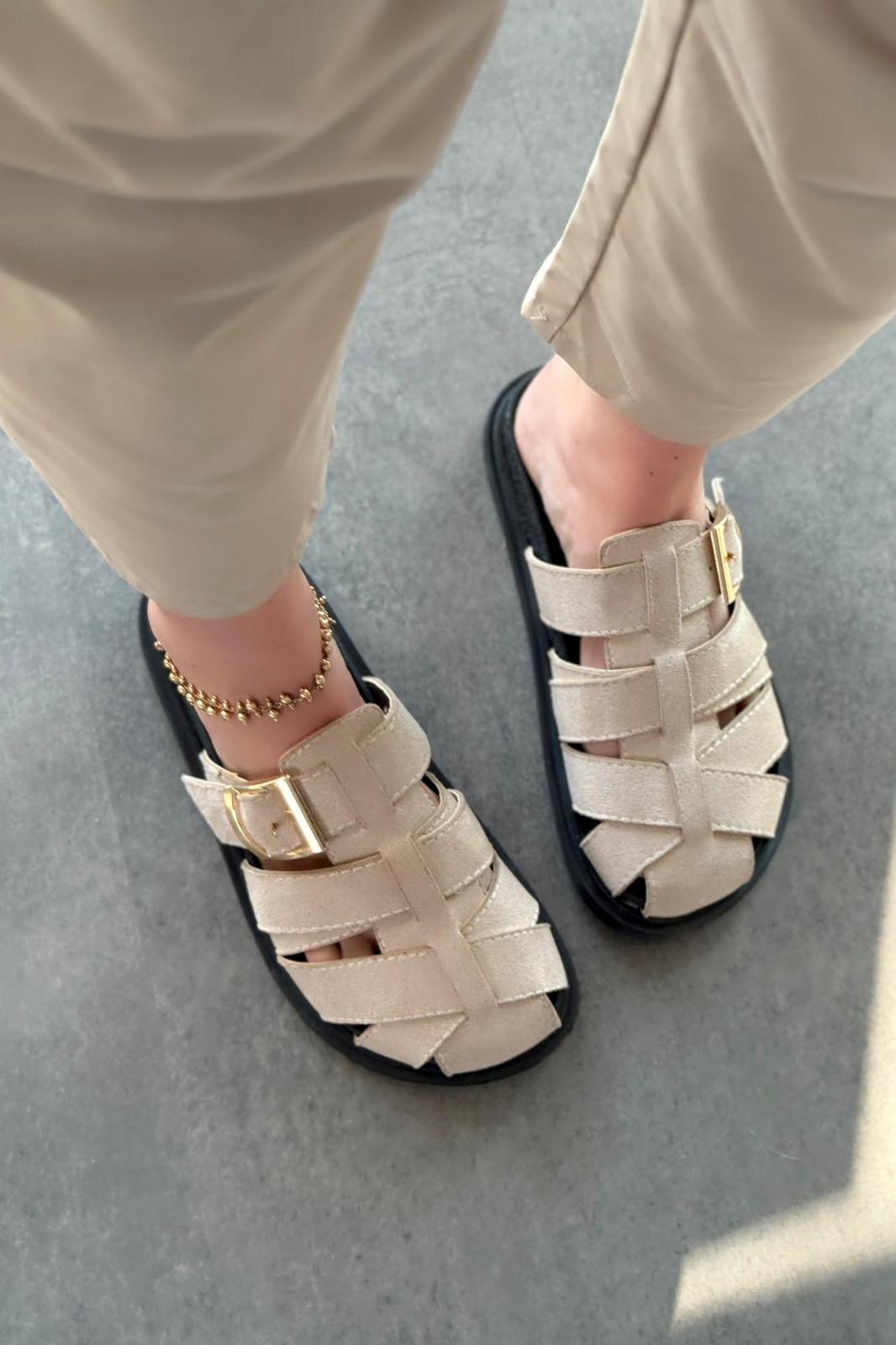 Polra Süet Bej Düz Kadın Terlik - ILOVESHOES