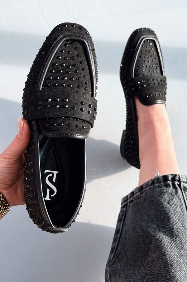 Talori Kadın Loafer Siyah Süet Siyah Taşlı - ILOVESHOES