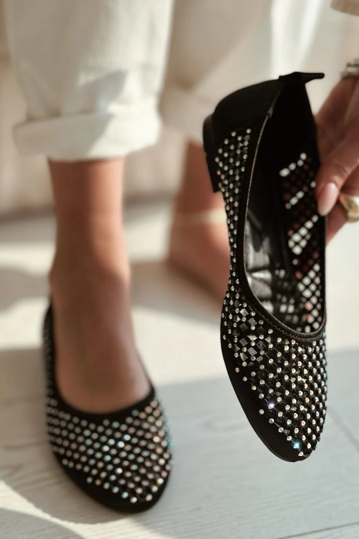 Ronetta Satin Stone Detailed Ballerinas Black