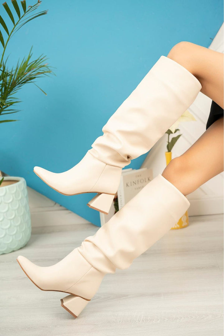Nexari Beige Gusseted Thick Heel Casual Women&