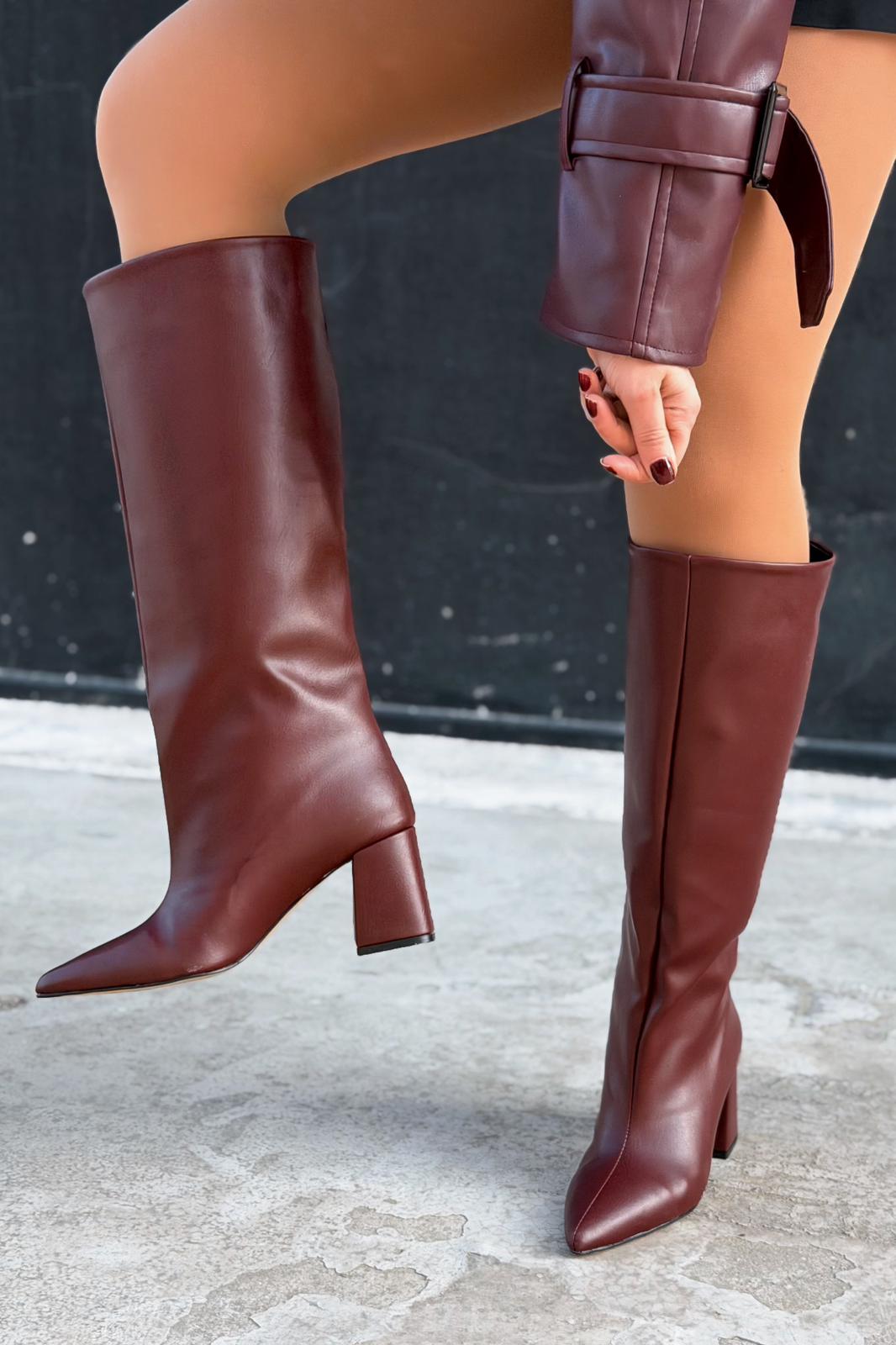 Jarlene Kadın Topuklu Çizme Bordo Mat Deri - ILOVESHOES