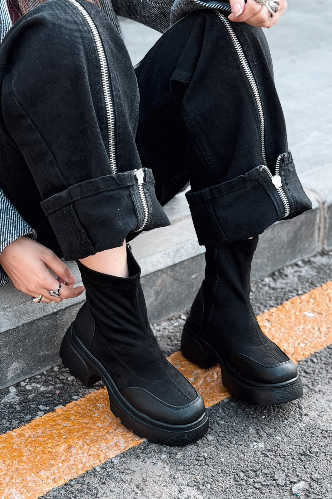 Gariel Kadın Kalın Taban Bot Siyah Süet - ILOVESHOES
