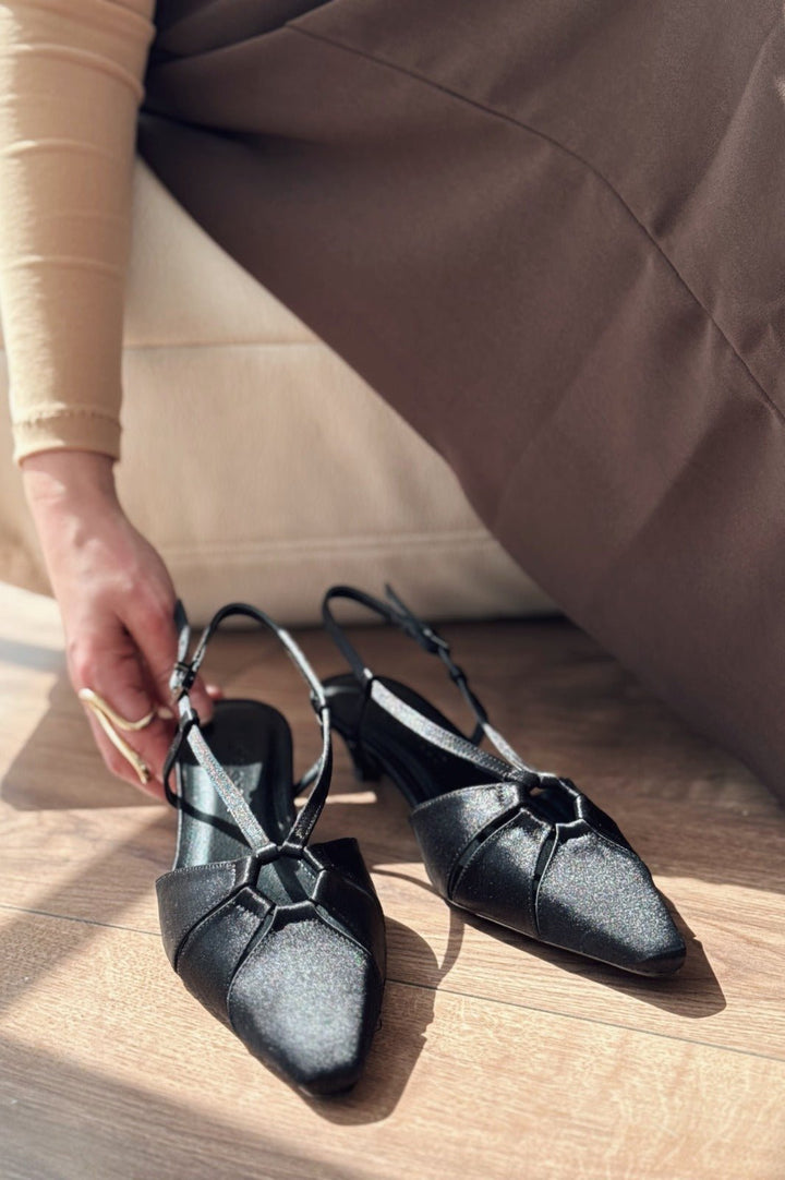Ozeras Saten Siyah Kısa Topuklu Stiletto - ILOVESHOES