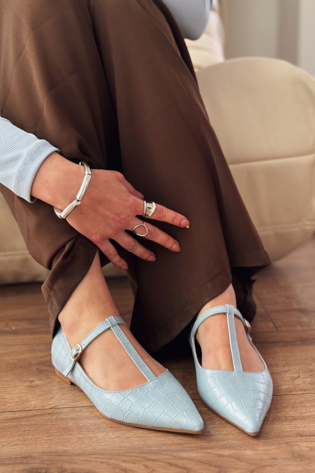 Cormel Mat Deri Kroko Desenli Bebek Mavisi Kadın Babet - ILOVESHOES