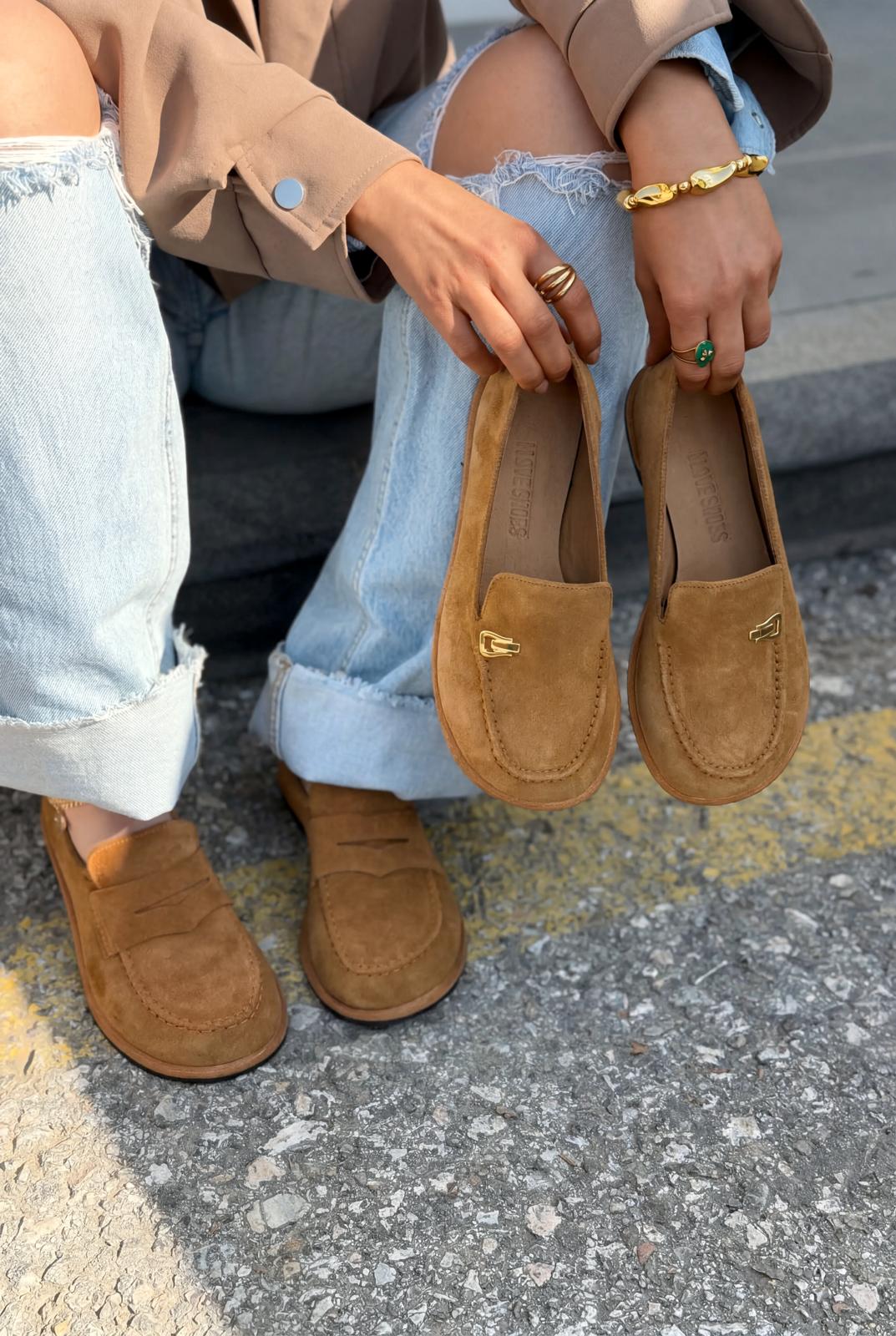 Rasen Hakiki Süet Kadın Loafer Taba - ILOVESHOES
