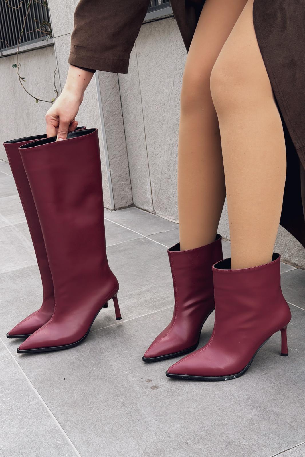 Elarin Kadın Topuklu Bot Bordo Mat Deri - ILOVESHOES