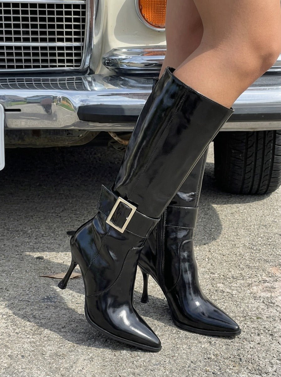 Luno Kadın Topuklu Çizme Siyah Parlak Deri - ILOVESHOES