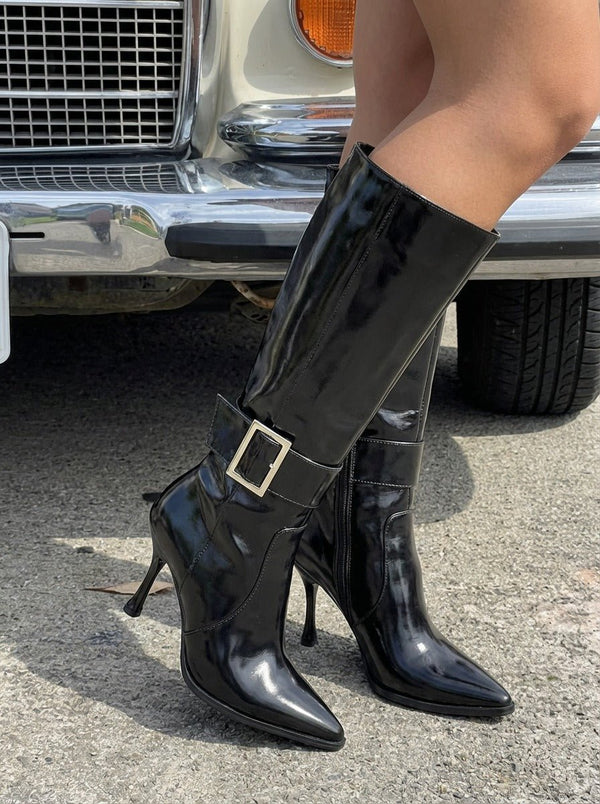 Luno Kadın Topuklu Çizme Siyah Parlak Deri - ILOVESHOES