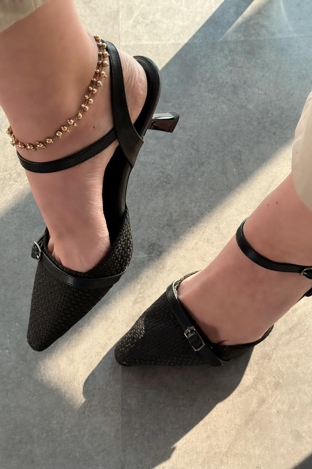 Rensowa Hasır Siyah Toka Detaylı Stiletto - ILOVESHOES