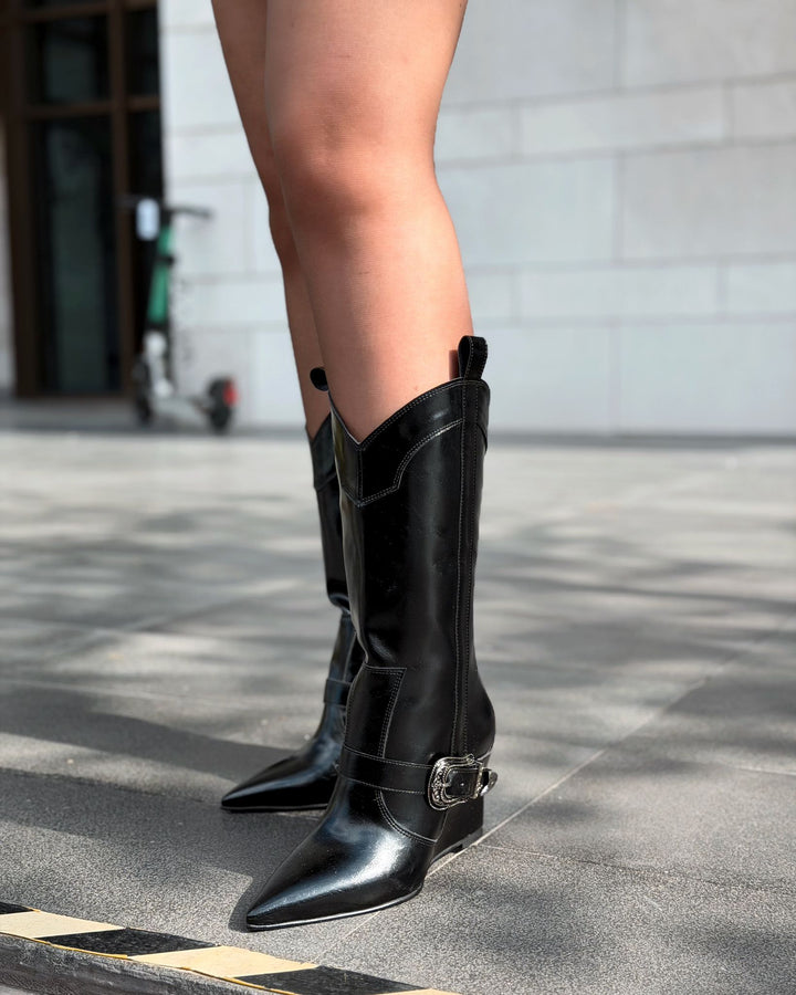 Bonvir Kadın Kovboy Çizme Siyah Parlak Deri - ILOVESHOES