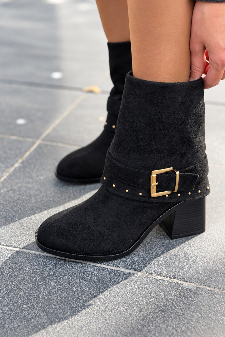 Velrix Siyah Süet Kadın Topuklu Bot - ILOVESHOES