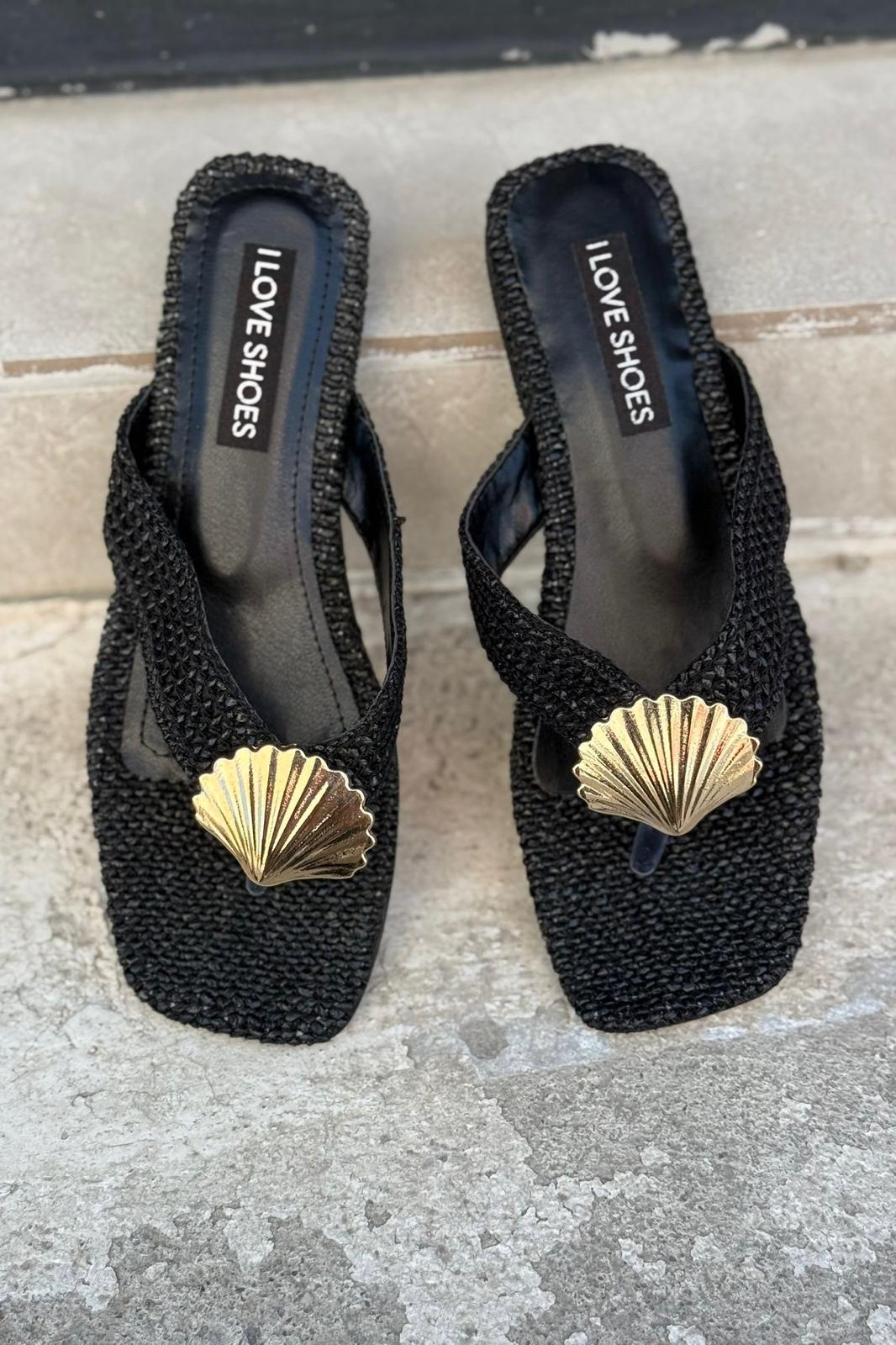 Lovante Hasır Siyah Parmak Arası Düz Terlik - ILOVESHOES