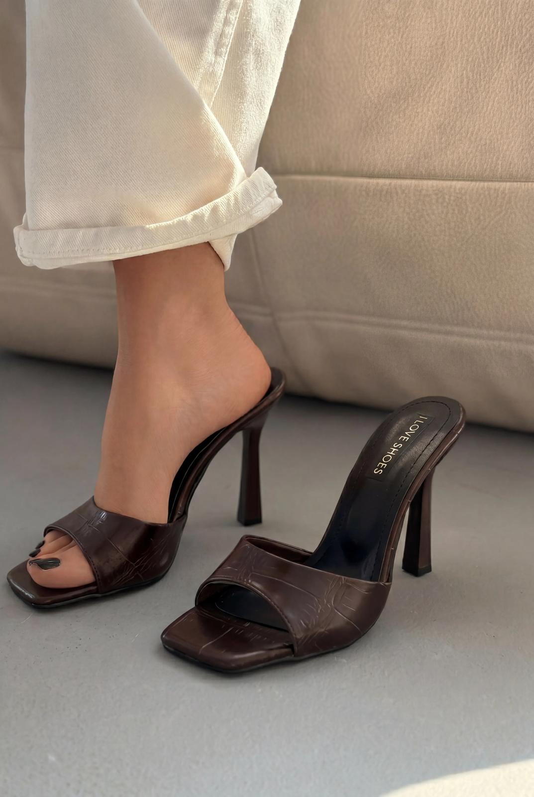 Sorel Acıkahve Mat Deri Desenli Kadın Topuklu Terlik - ILOVESHOES