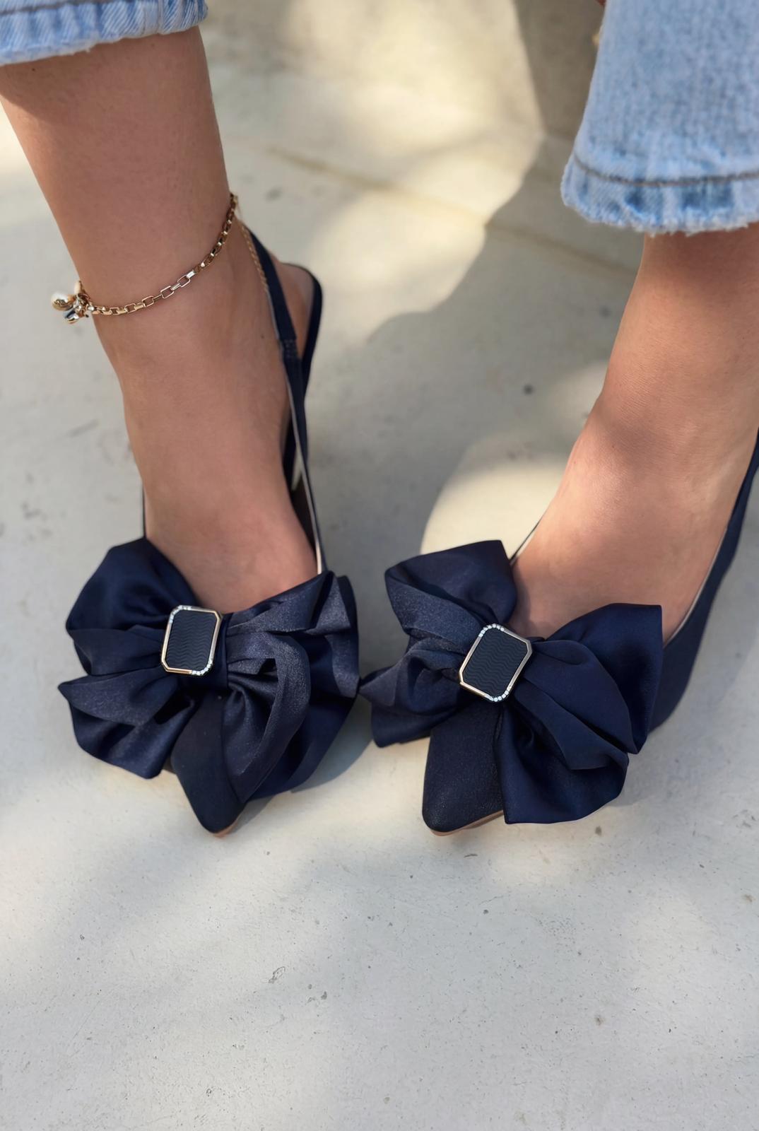 Velune Stiletto Lacivert Saten Fiyonk Detaylı - ILOVESHOES