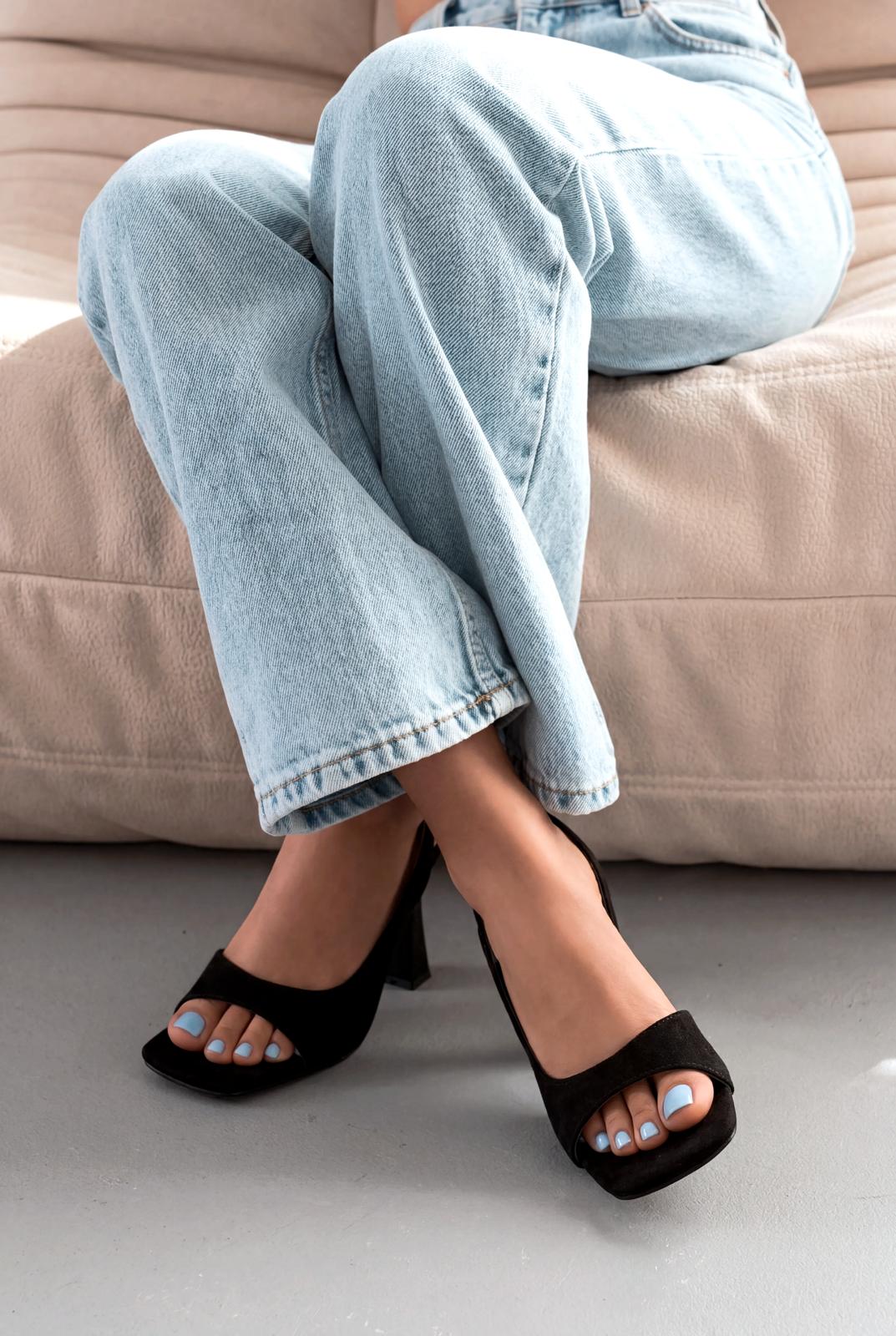 Solvion Siyah Süet Kadın Topuklu Sandalet - ILOVESHOES