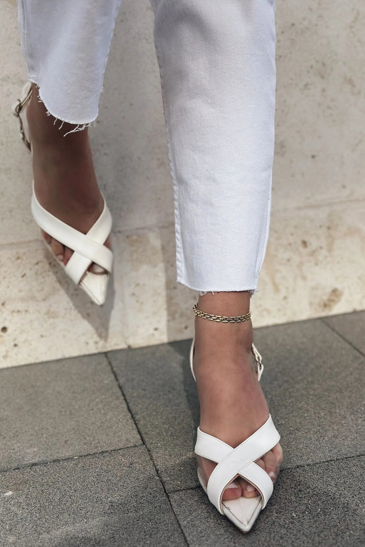 Savro Mat Deri Şeffaf Detaylı Stiletto Beyaz