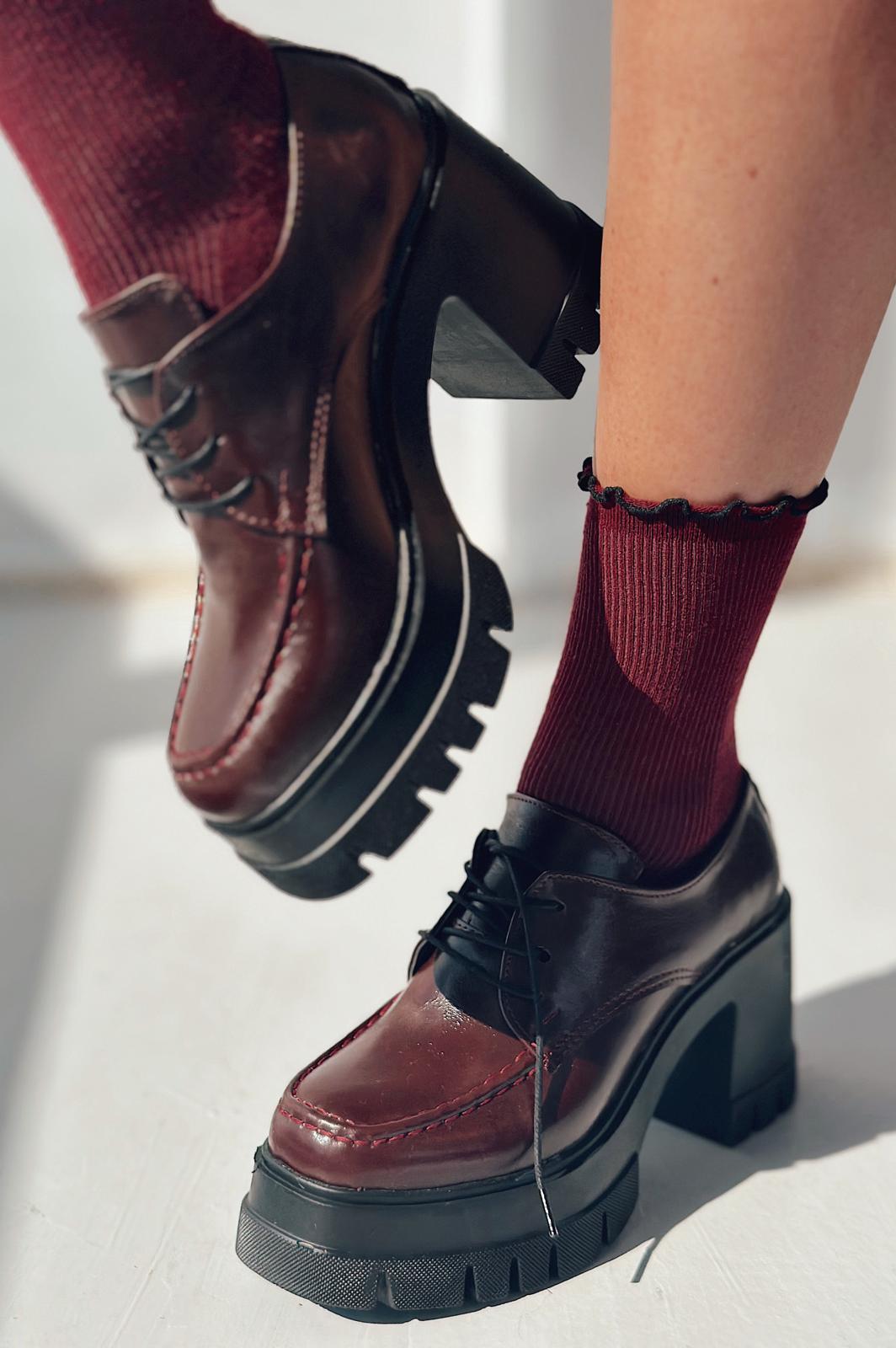 Sapetos Kalın Taban Topuklu Kadın Loafer Bordo Mat Rugan - ILOVESHOES