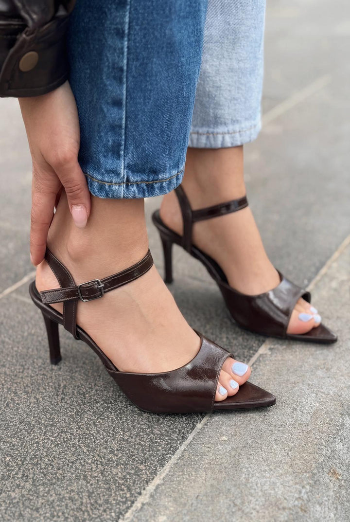 Ardor Topuklu Sandalet Acıkahve Kırışık Rugan - ILOVESHOES