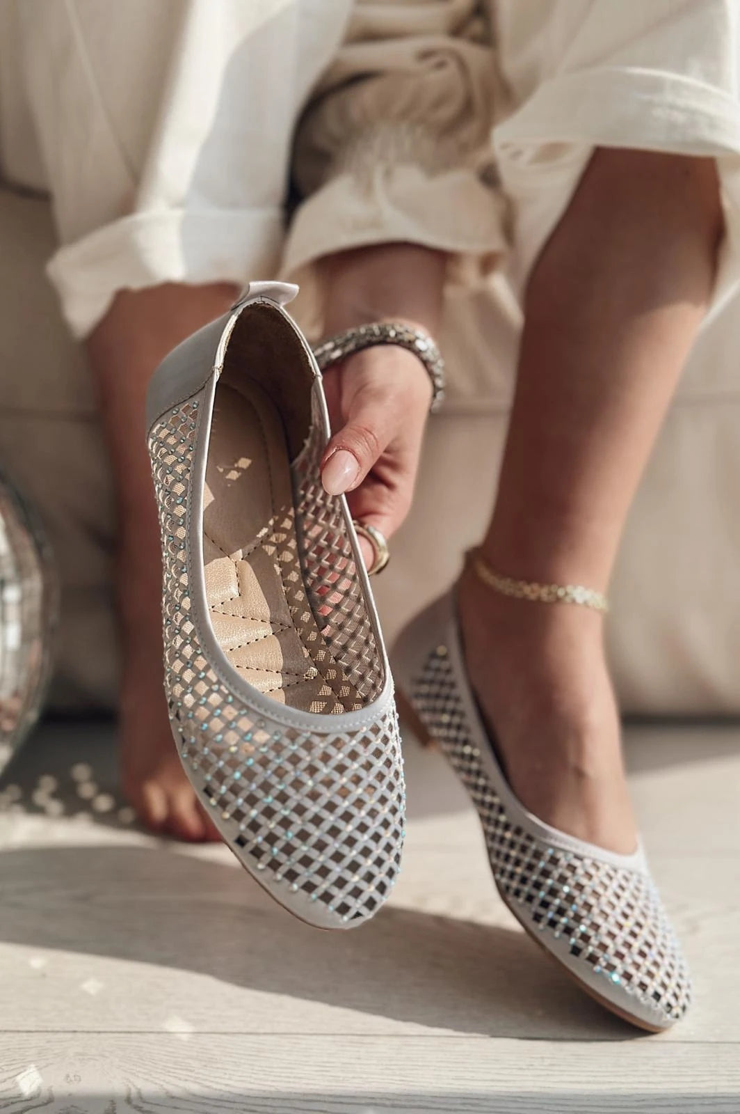 Ronetta Satin Stone Detailed Ballerinas Silver