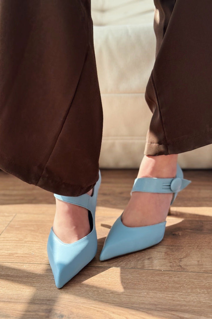 Wasord Mat Deri Düğme Detaylı Stiletto Mavi - ILOVESHOES