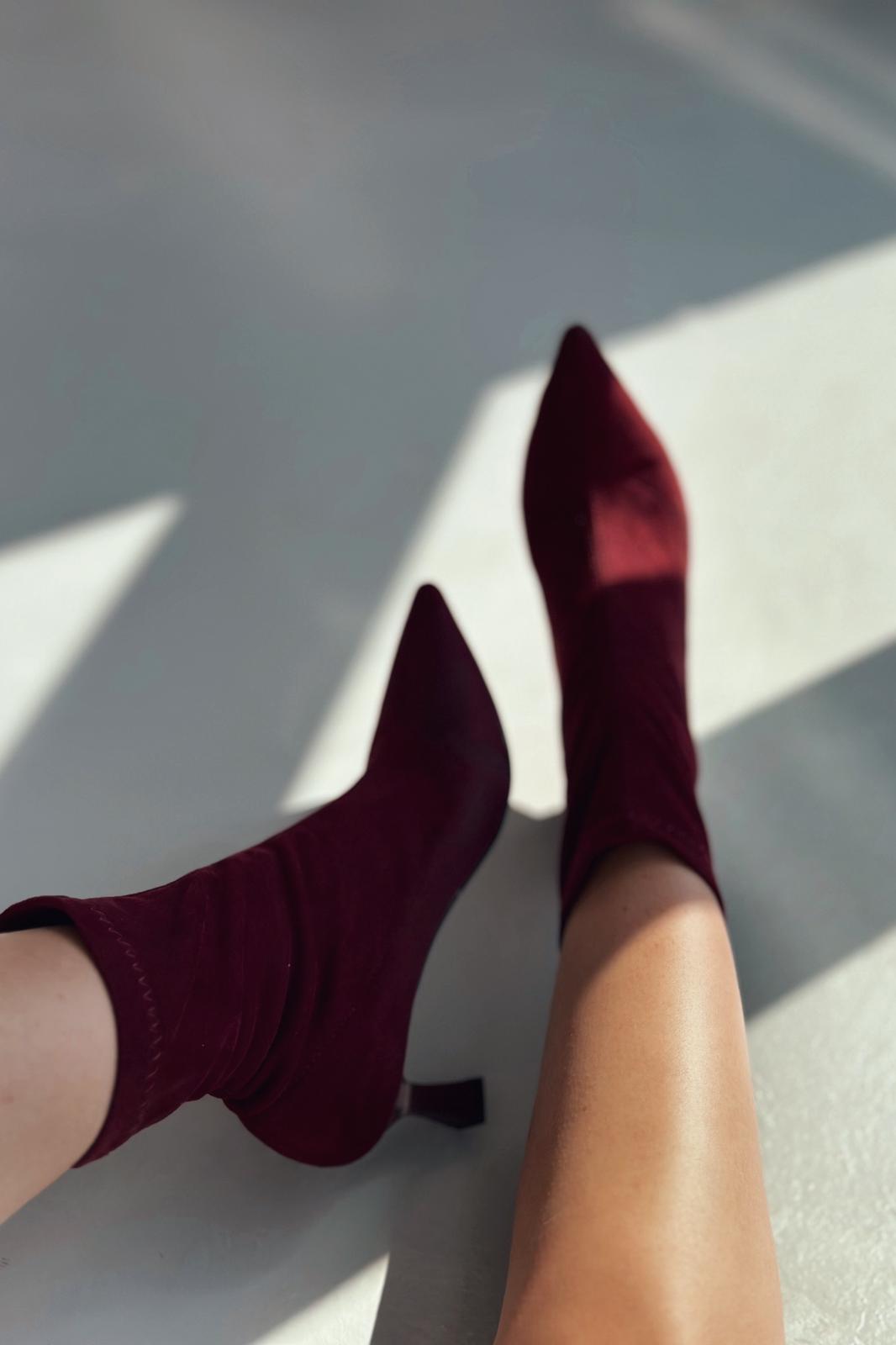 Loravo Süet Streç Topuklu Çorap Bot Bordo - ILOVESHOES