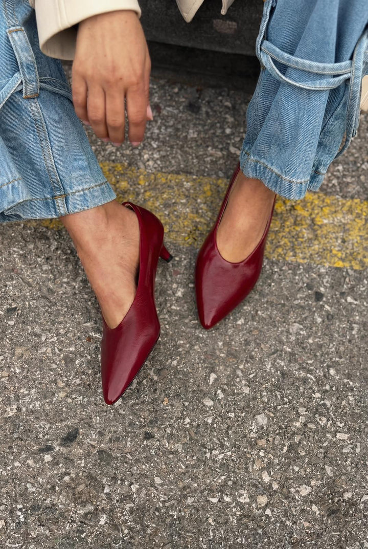 Seranis Hakiki Deri Stiletto Bordo Kırışık Rugan - ILOVESHOES