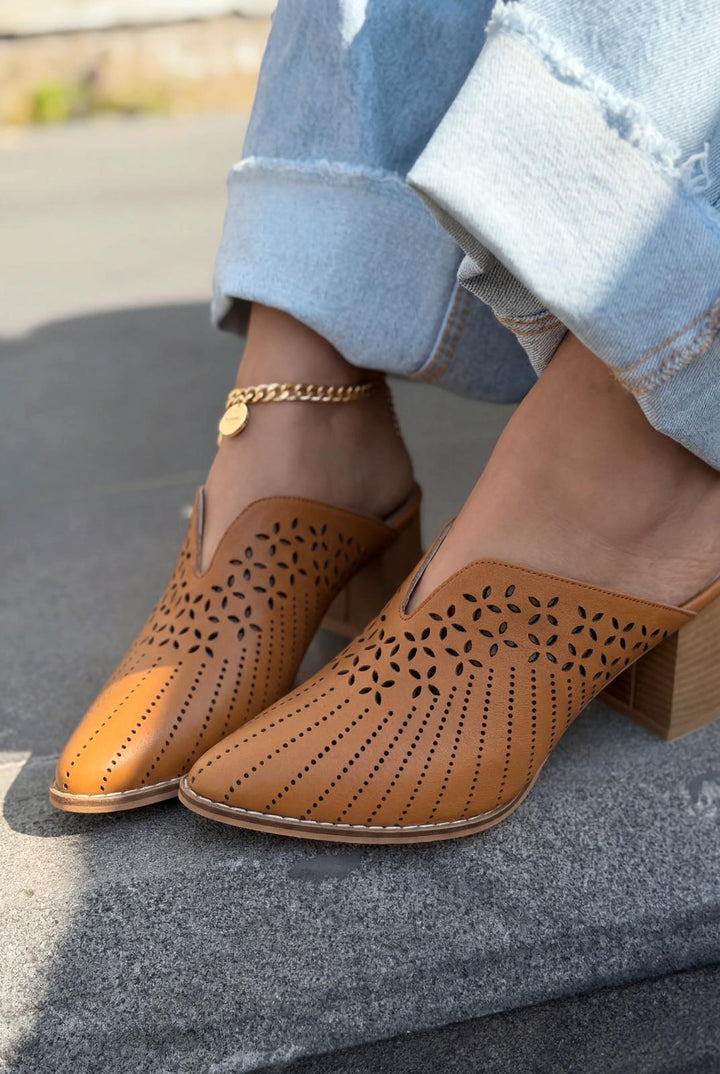 Noravina Hakiki Deri Topuklu Terlik Taba - ILOVESHOES