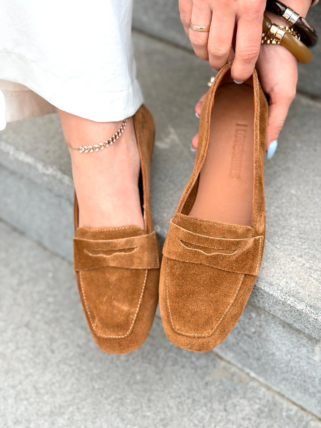 Melniel Hakiki Süet Kadın Loafer Camel - ILOVESHOES