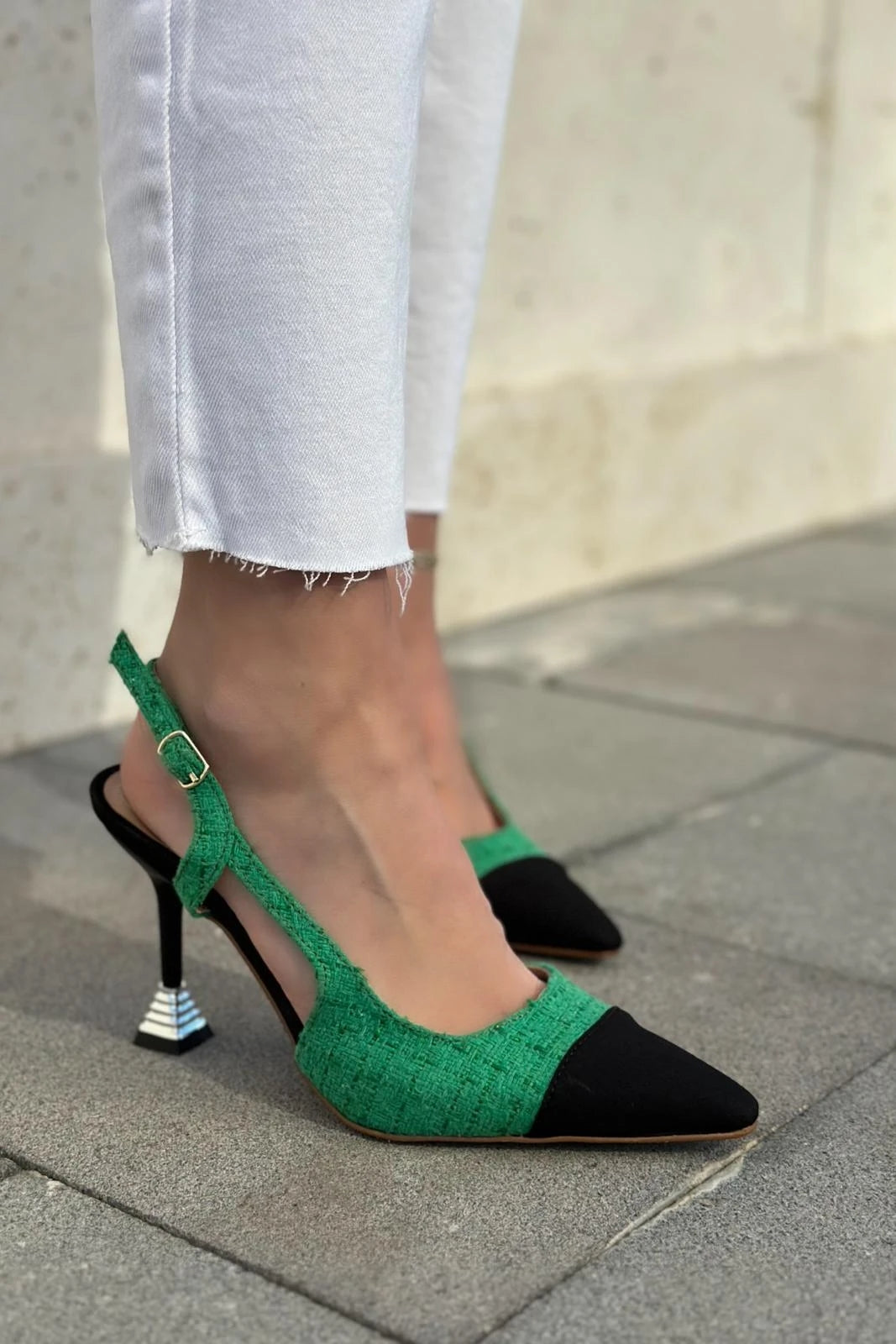 Volpina Saten Tüvit Desenli Stiletto Yeşil