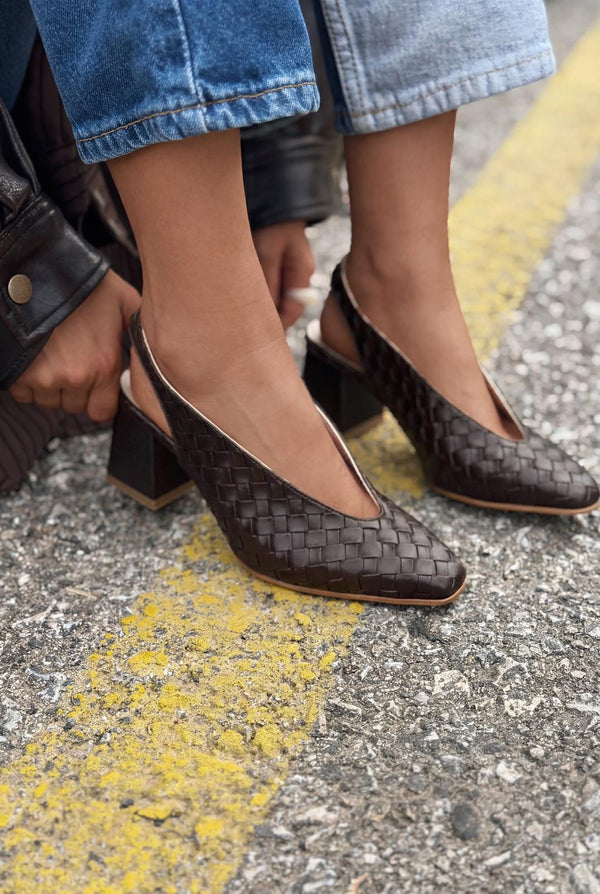 Meladina Topuklu Ayakkabı Acıkahve Mat Deri Örgü Desenli - ILOVESHOES