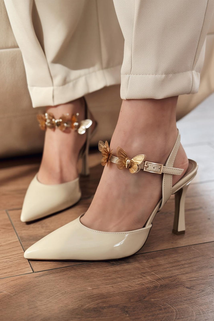 Senar Stiletto Bej Rugan Kelebek Detaylı - ILOVESHOES