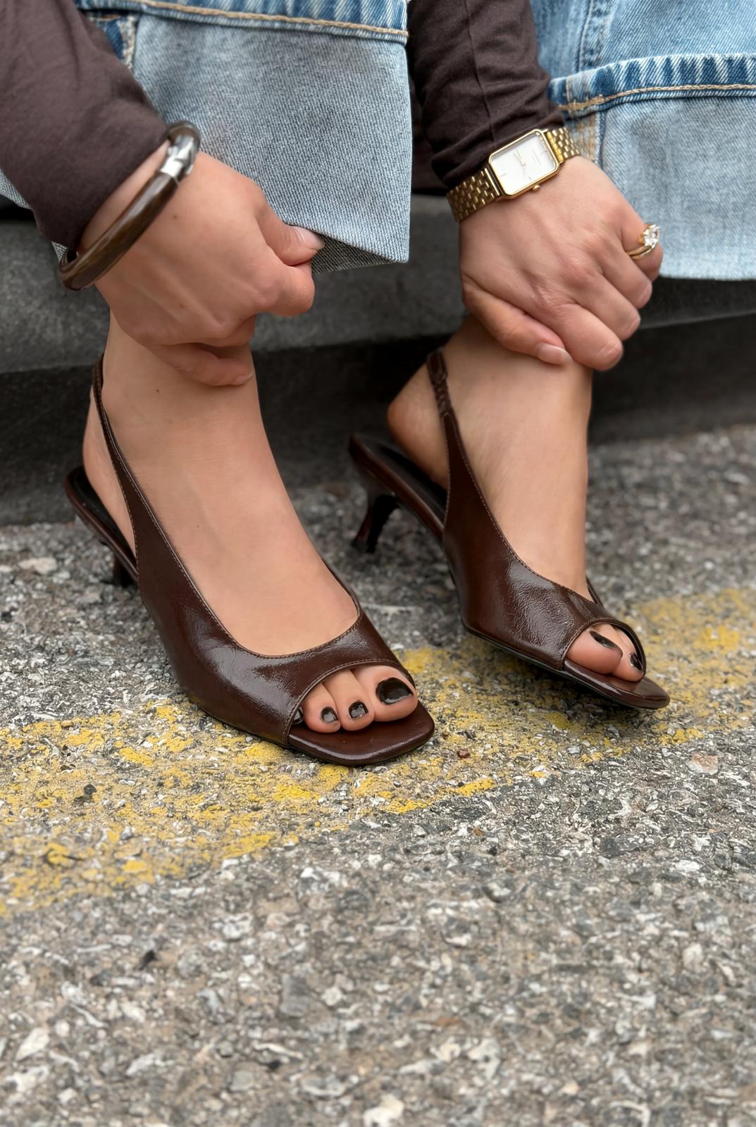 Velavo Acıkahve Kırışık Rugan Kadın Topuklu Sandalet - ILOVESHOES