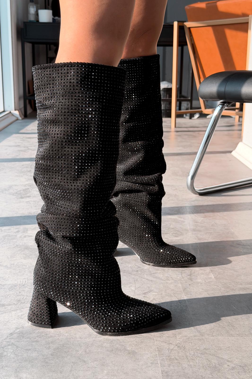 Lamorin Kadın Topuklu XL Çizme Süet Siyah Taş Detaylı - ILOVESHOES