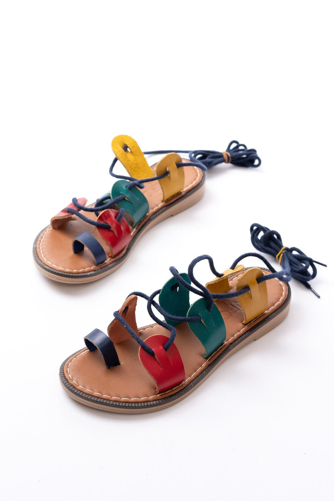 Aliris Hakiki Deri Renkli Bağcıklı Düz Kadın Sandalet - ILOVESHOES